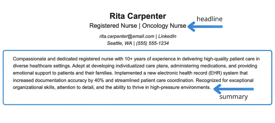 screenshot of a resume headline and summary