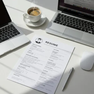 Resume next to laptop and coffee cup