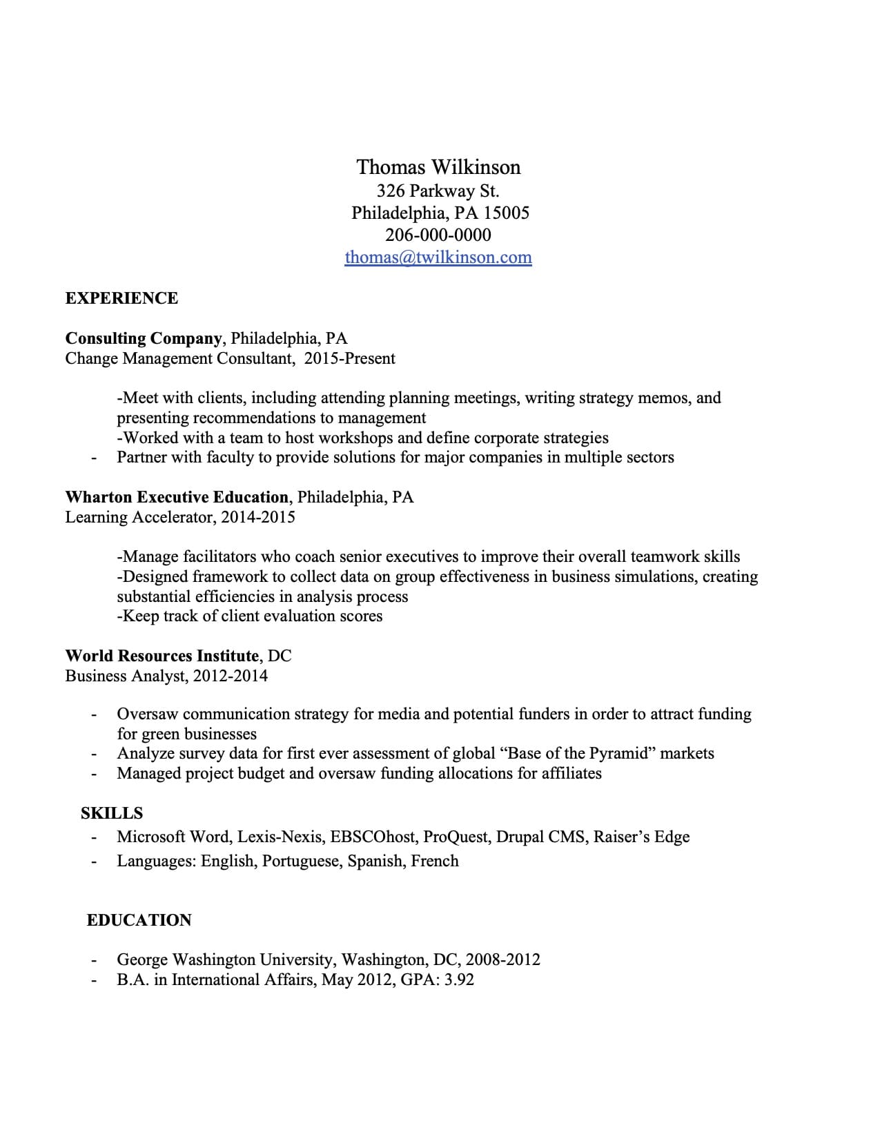 Project Management Intern Resume
