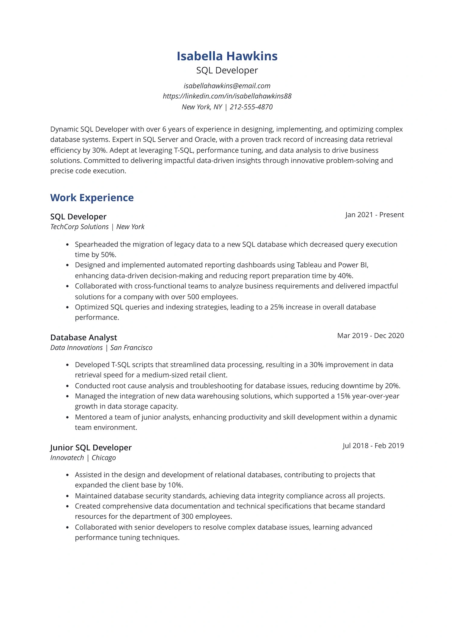 SQL Developer Resume