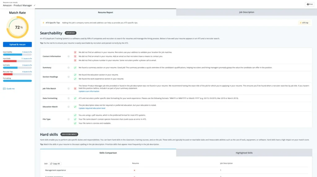 free resume scanner match report results page sample