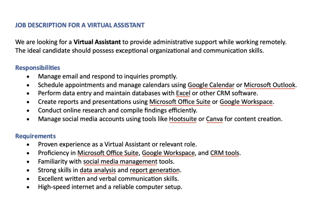 Job description for virtual assistant with underlined hard skills