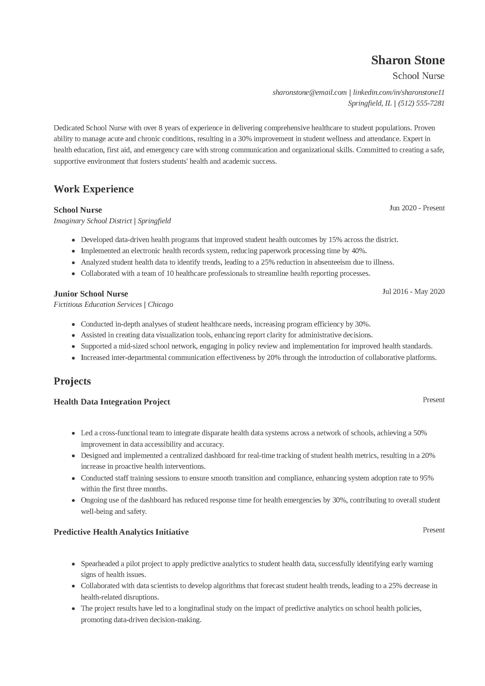 School Nurse Resume