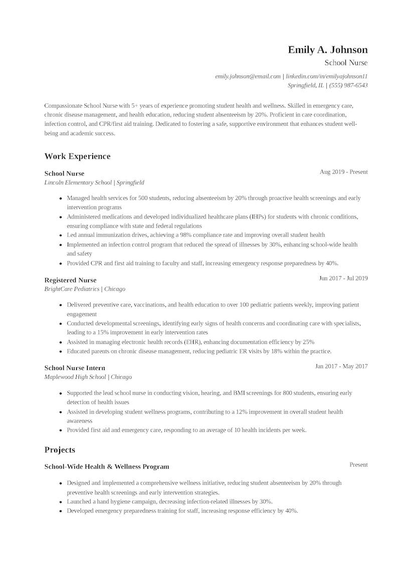School Nurse Resume