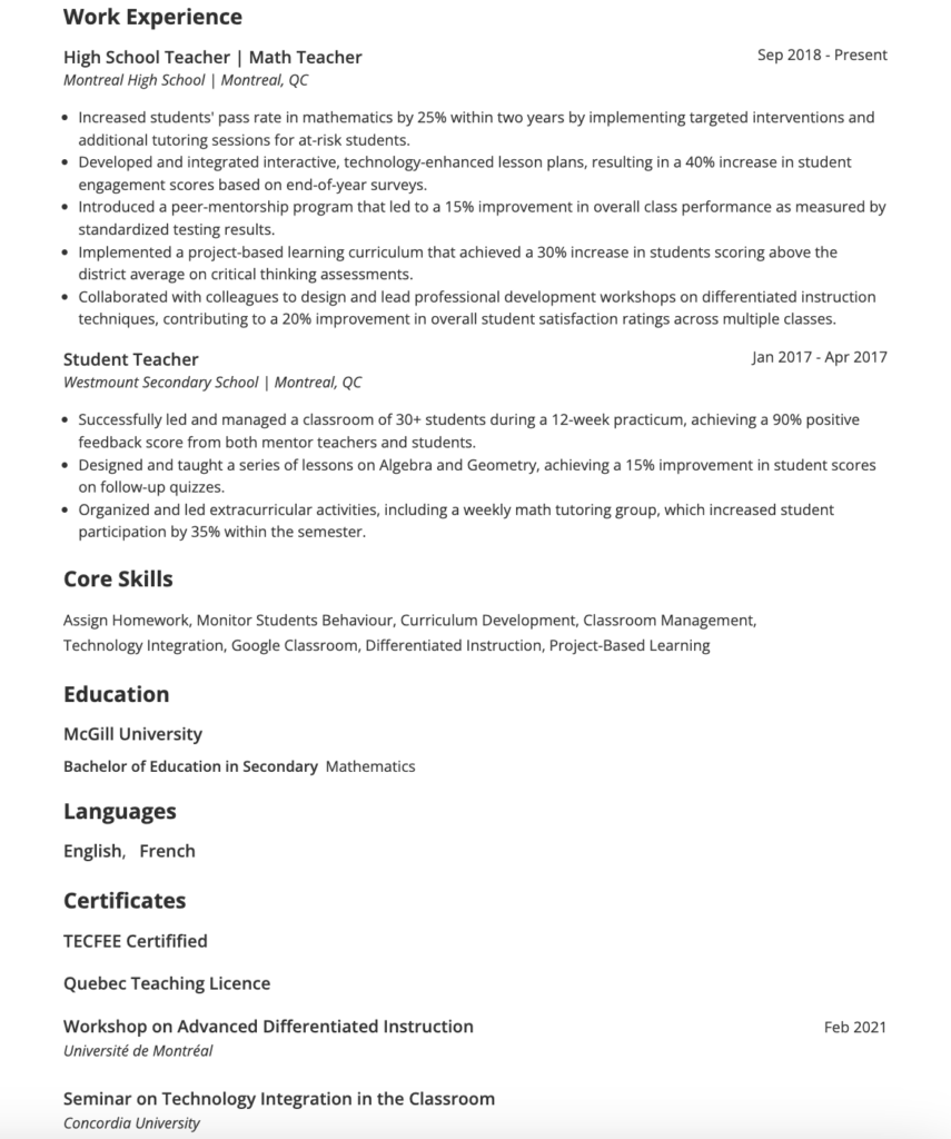 math teacher combination resume example