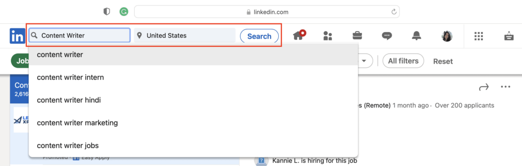 screenshot of LinkedIn search bar