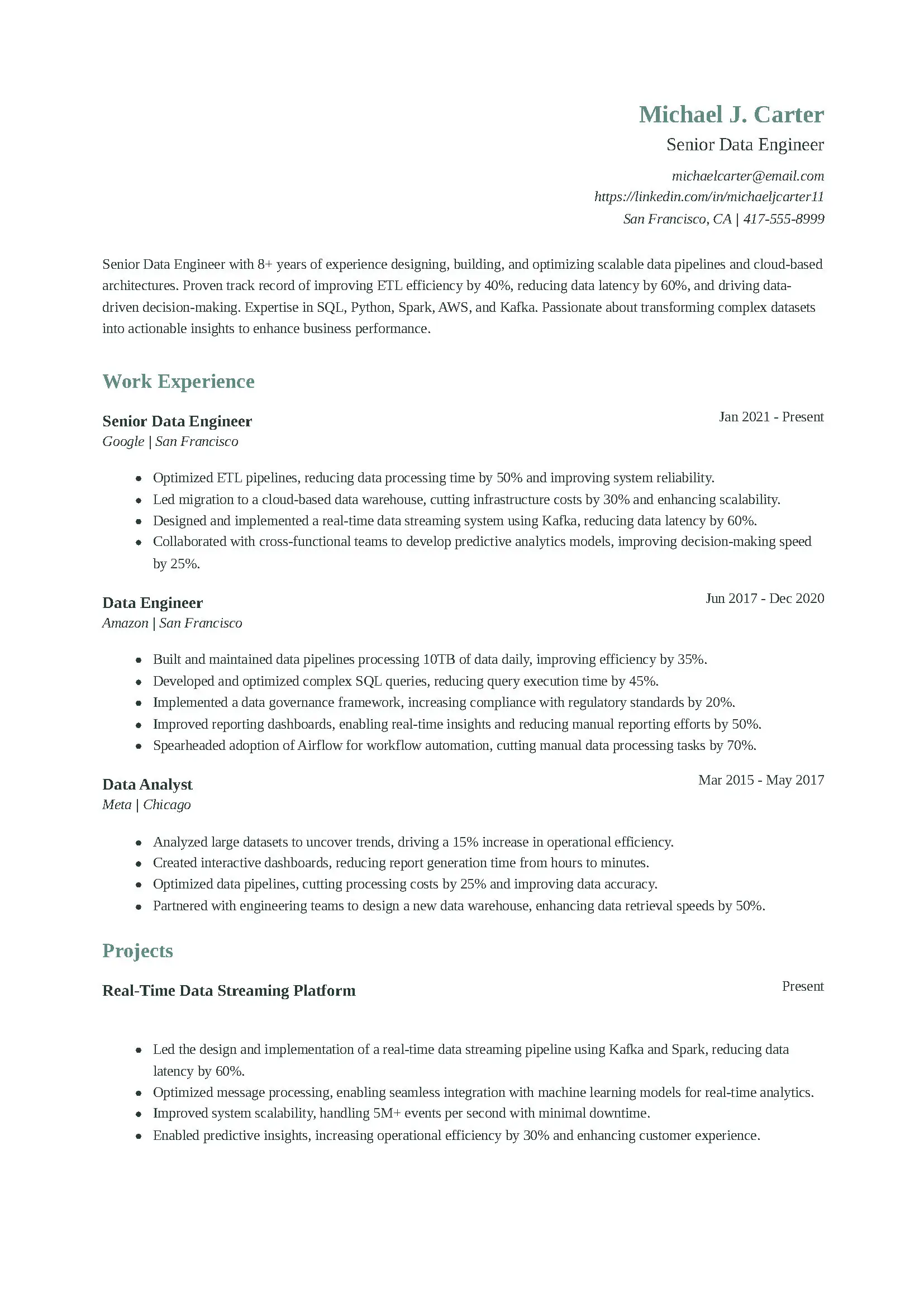 Senior Data Engineer Resume