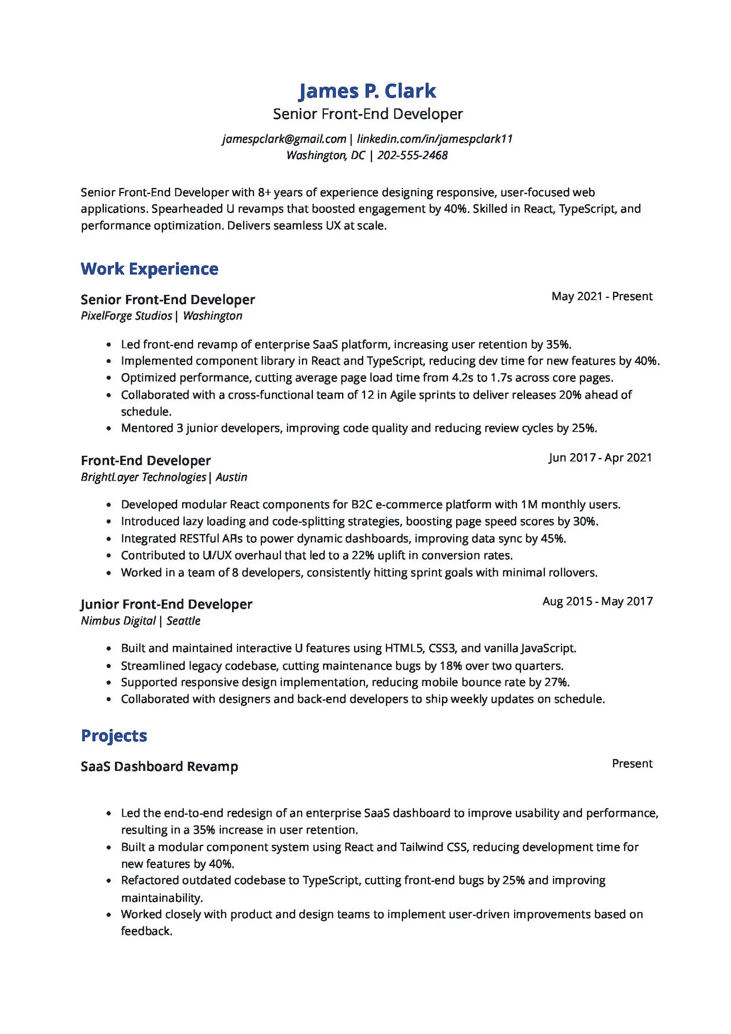 Senior Front-End Developer Resume