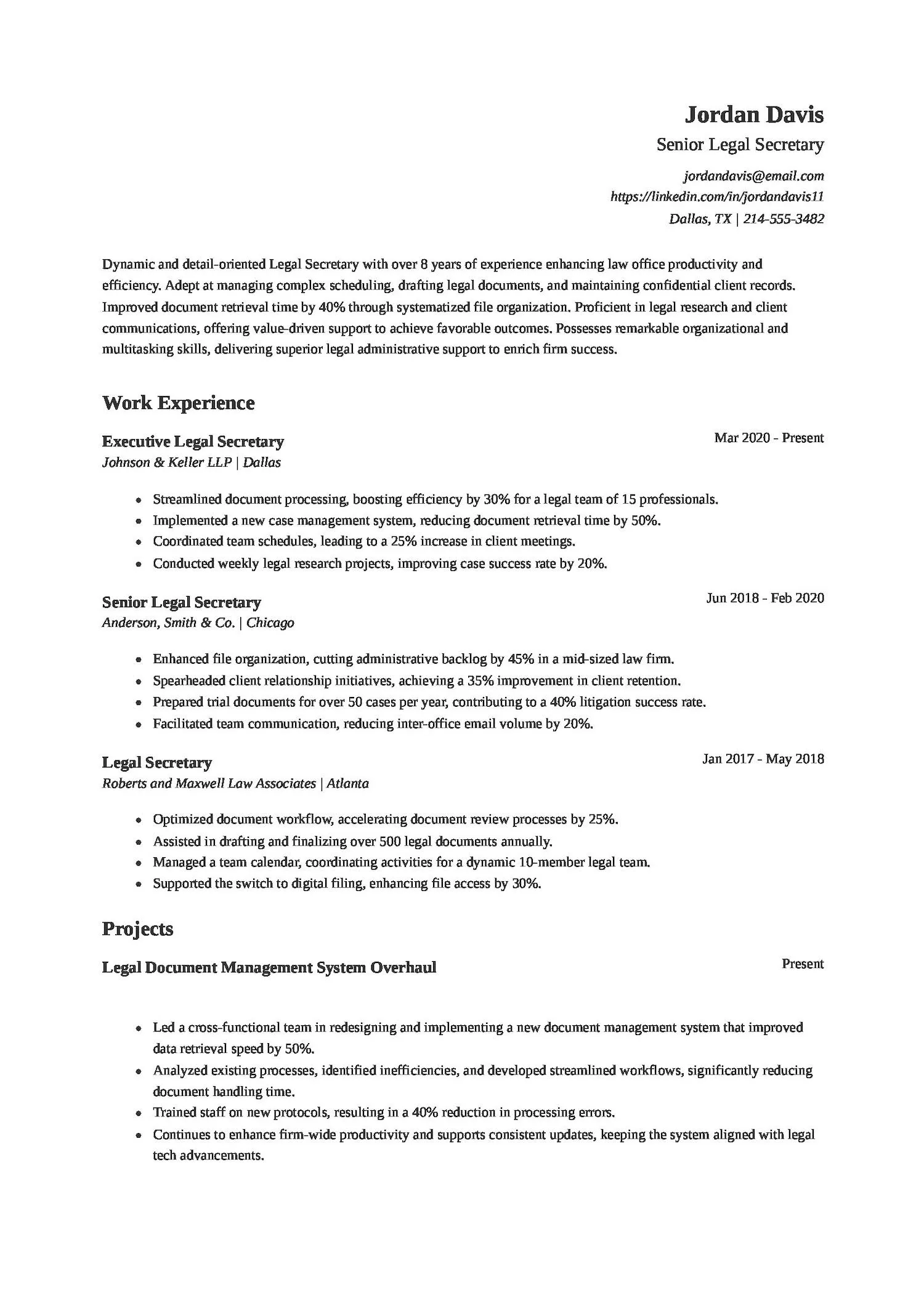 Senior Legal Secretary Resume