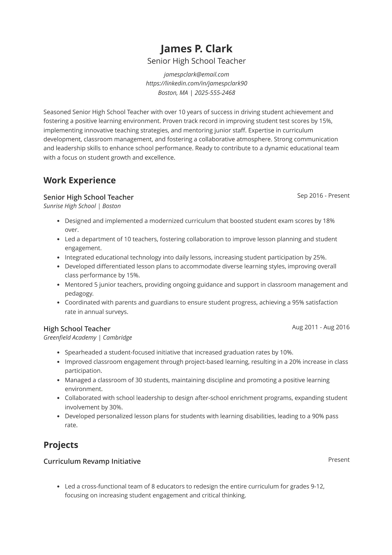 Senior-Level High School Teacher Resume