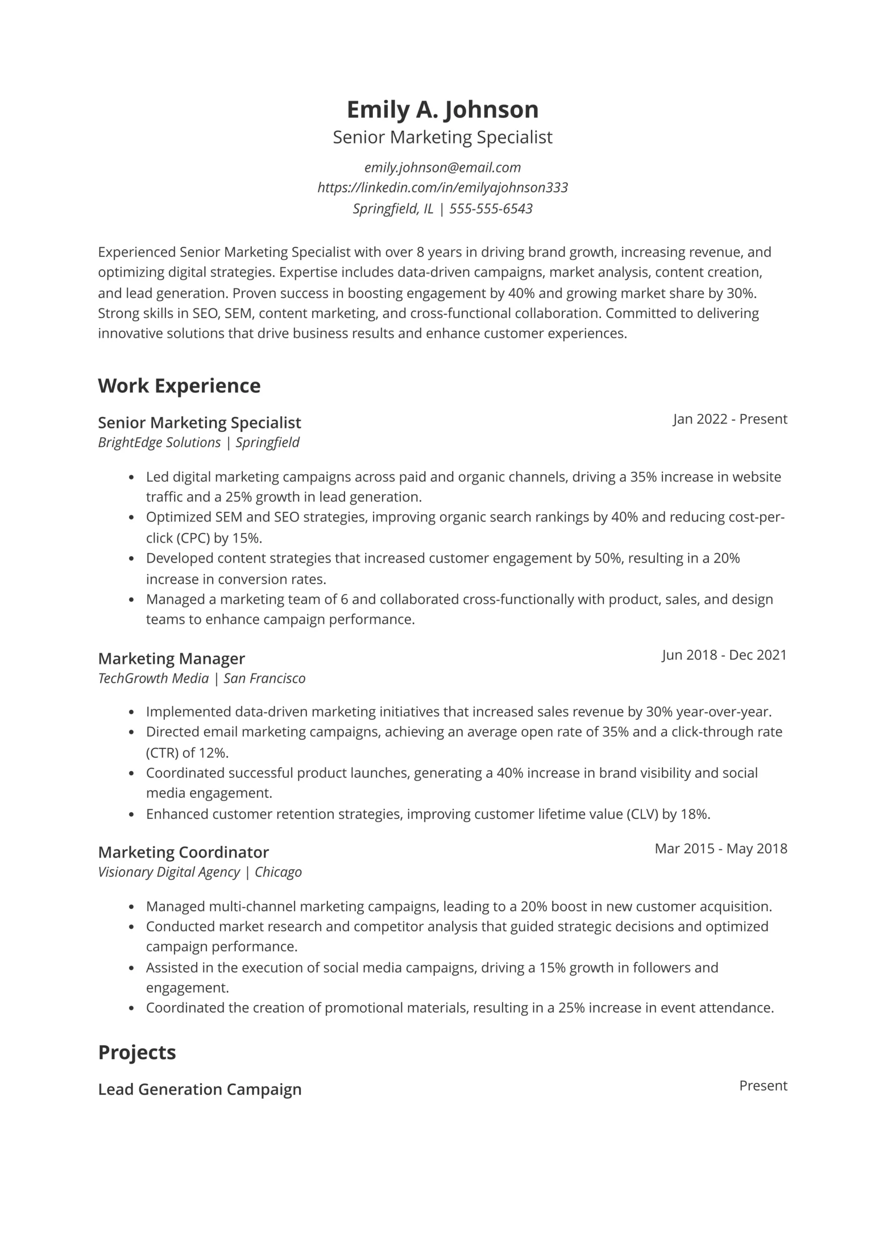 Senior Marketing Specialist Resume