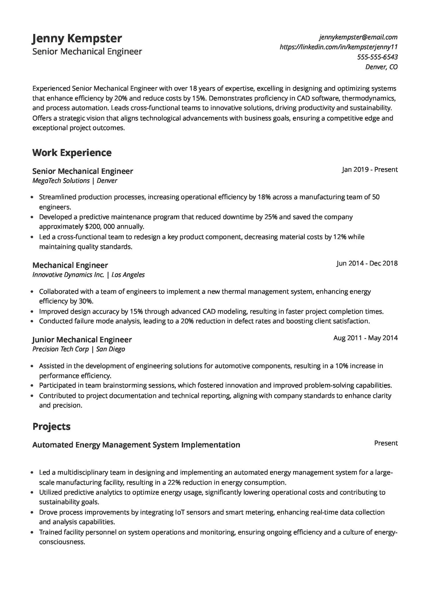 Senior Mechanical Engineer Resume