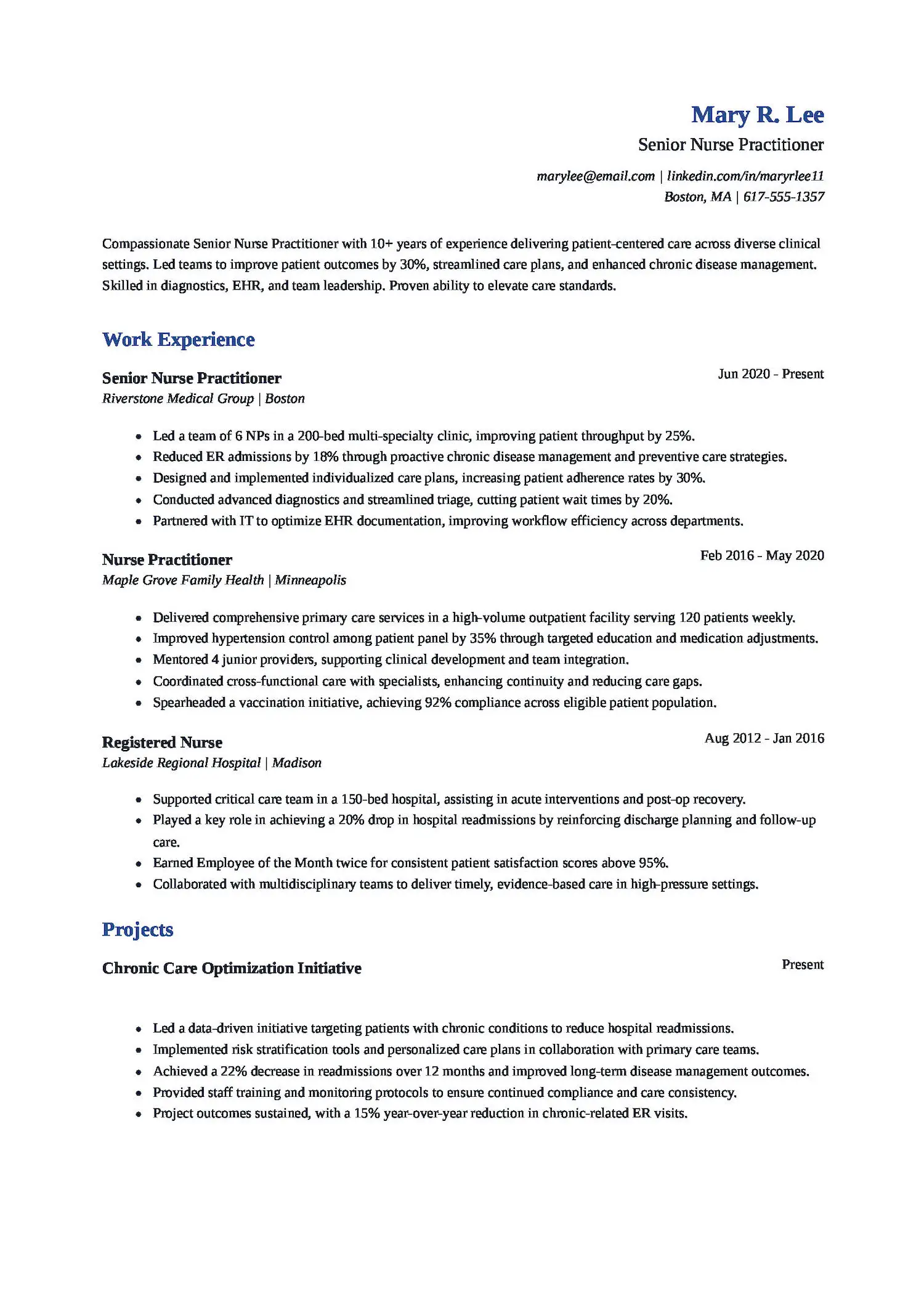 Senior Nurse Practitioner Resume
