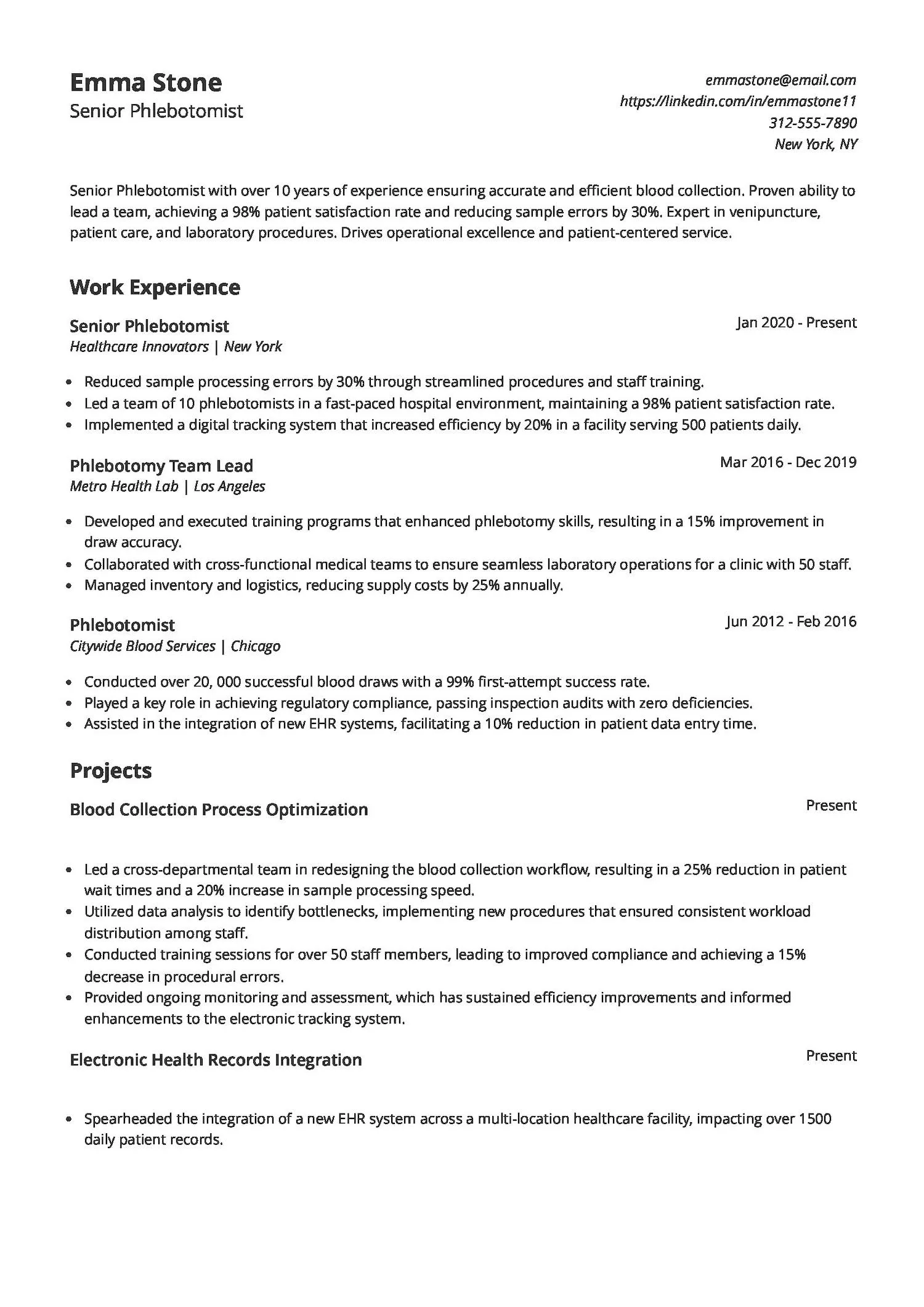 Senior Phlebotomy Resume
