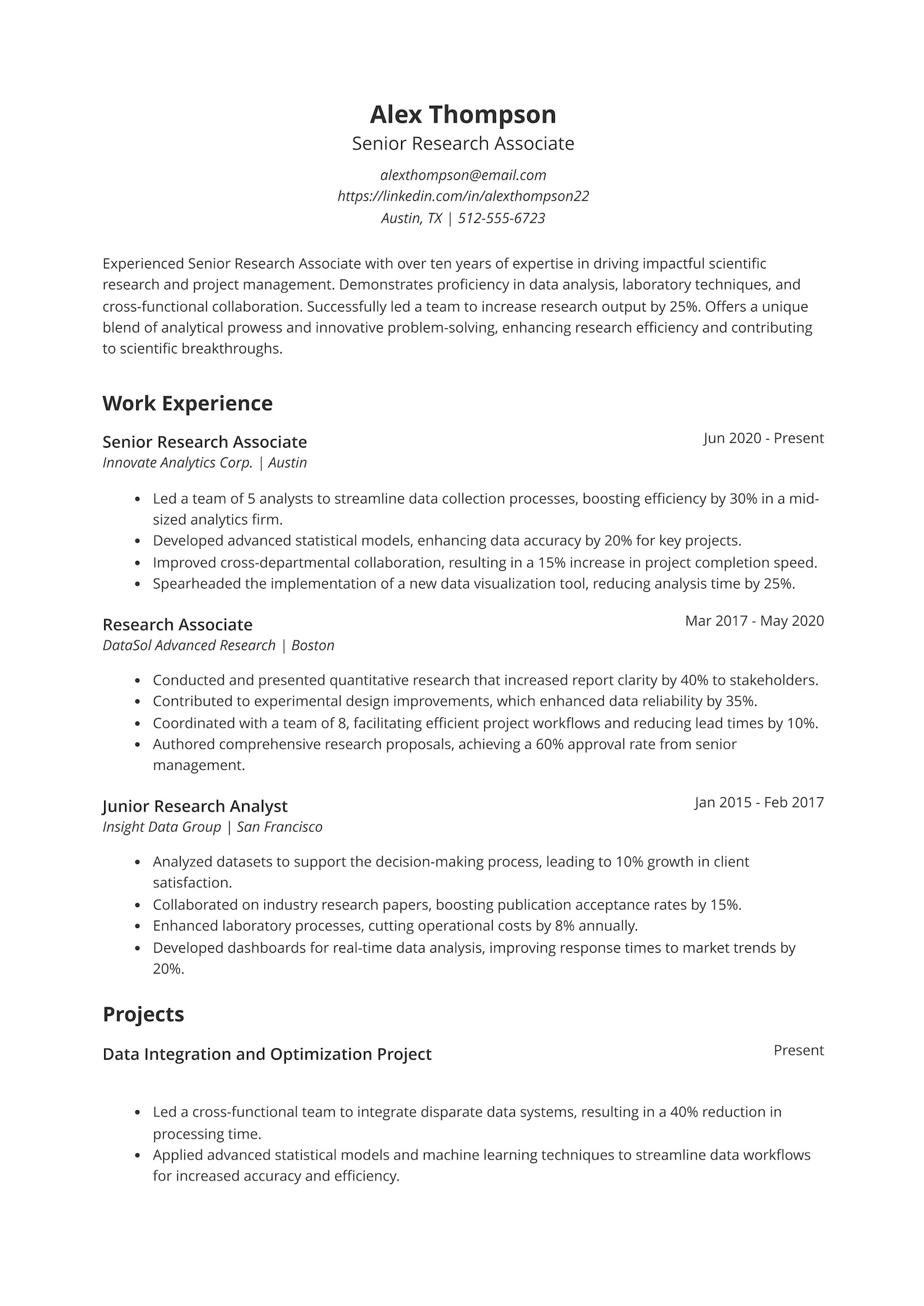Senior Research Associate Resume