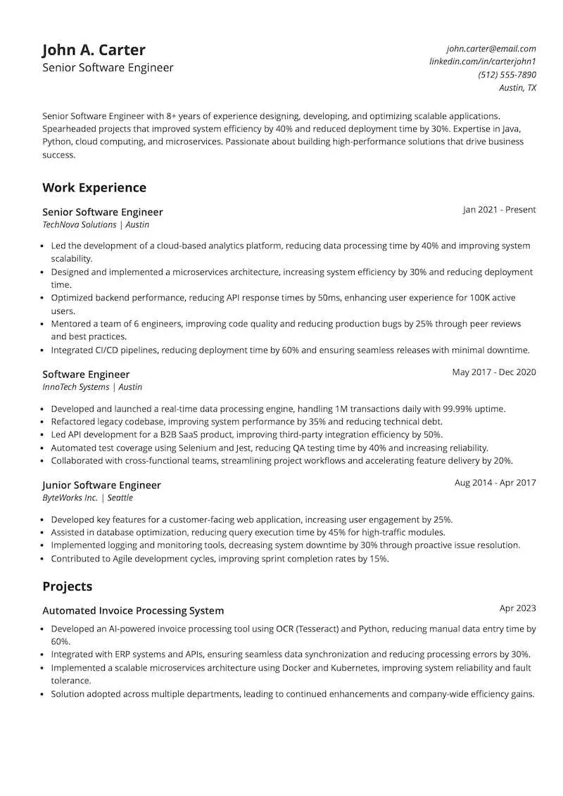senior software engineer resume example