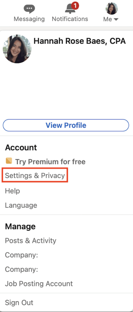 screenshot of the LinkedIn profile dropdown menu