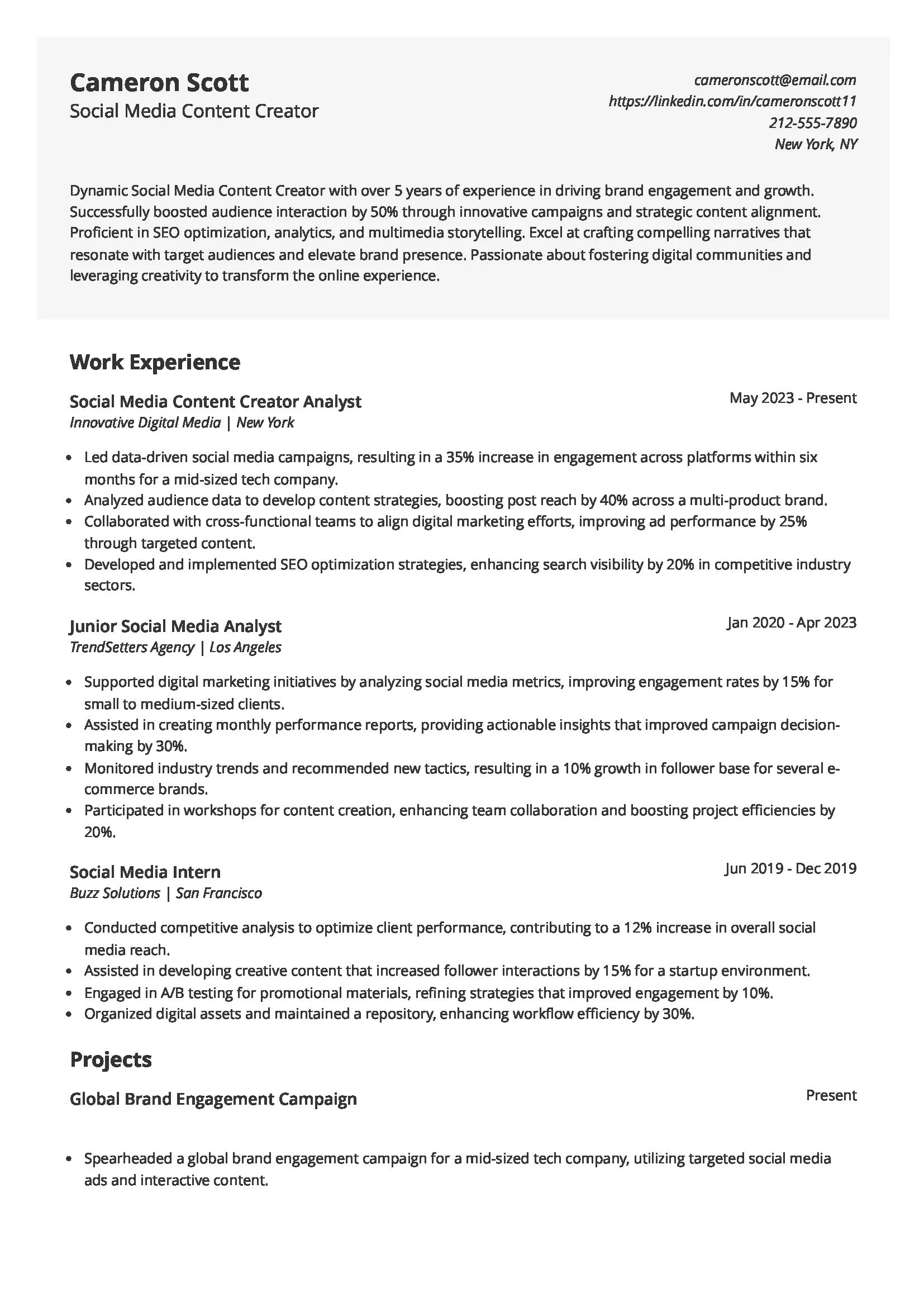 Social Media Content Creator Resume