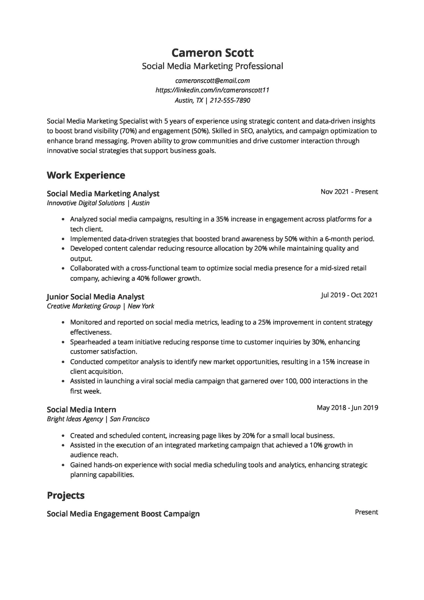 Social Media Marketing Resume