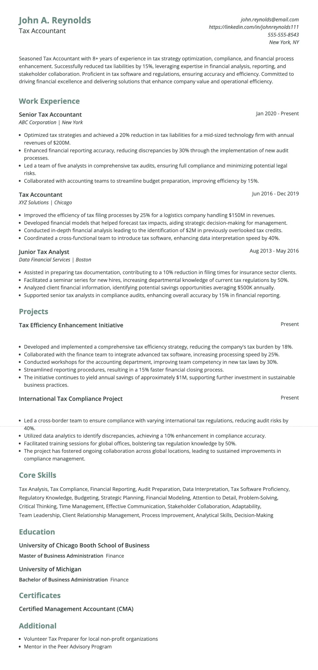 Tax accountant resume example with tax strategy, compliance, projects, skills, education, and certification
