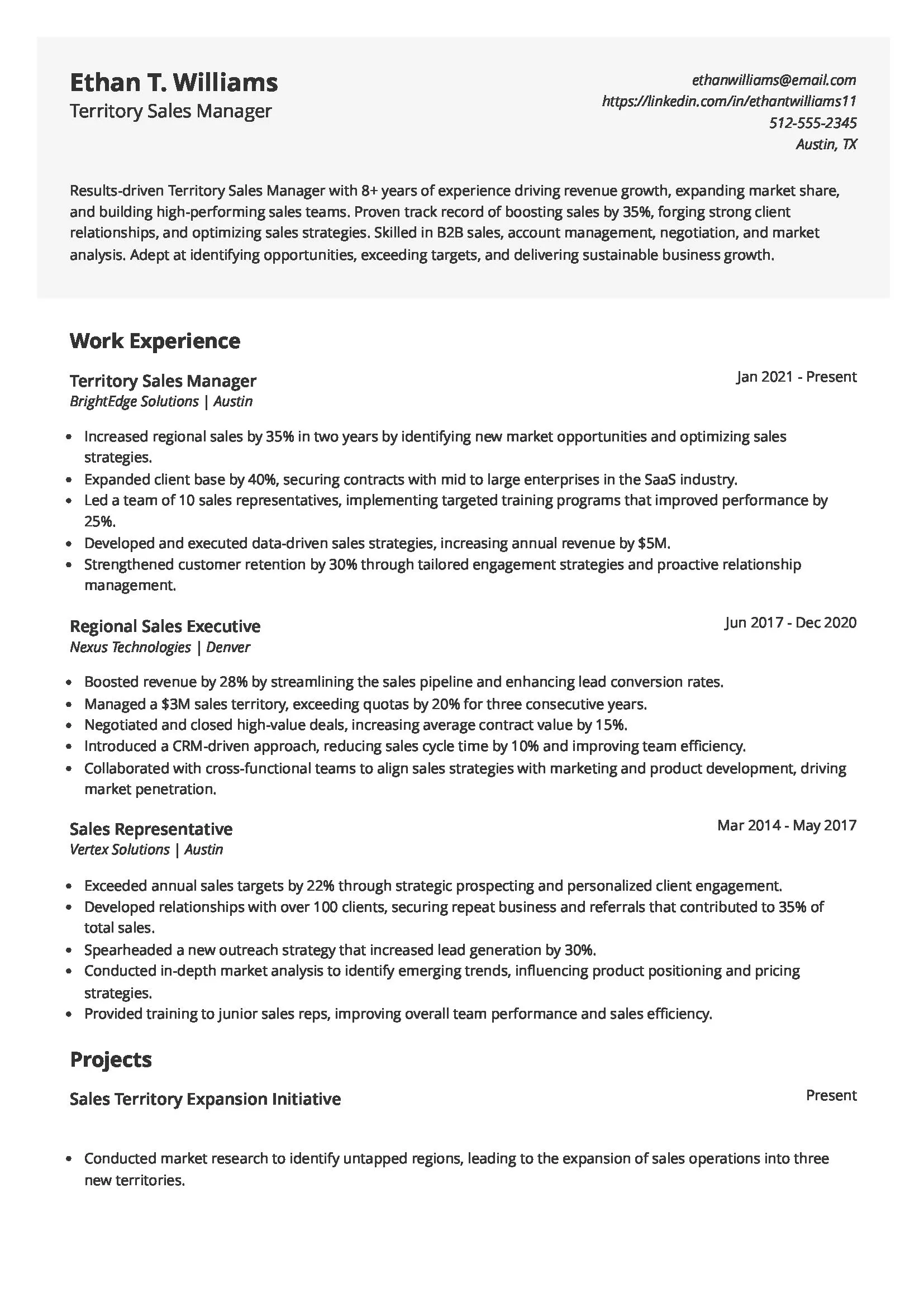 Territory Sales Manager Resume