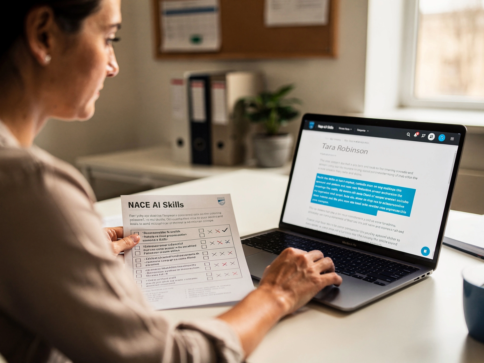 A career services professional at a university sits at a clean desk reviewing a laptop screen showing a job listing. Split composition: one side shows a printed survey form with checkboxes and low scores, the other side shows the laptop with a job posting highlighted in blue.