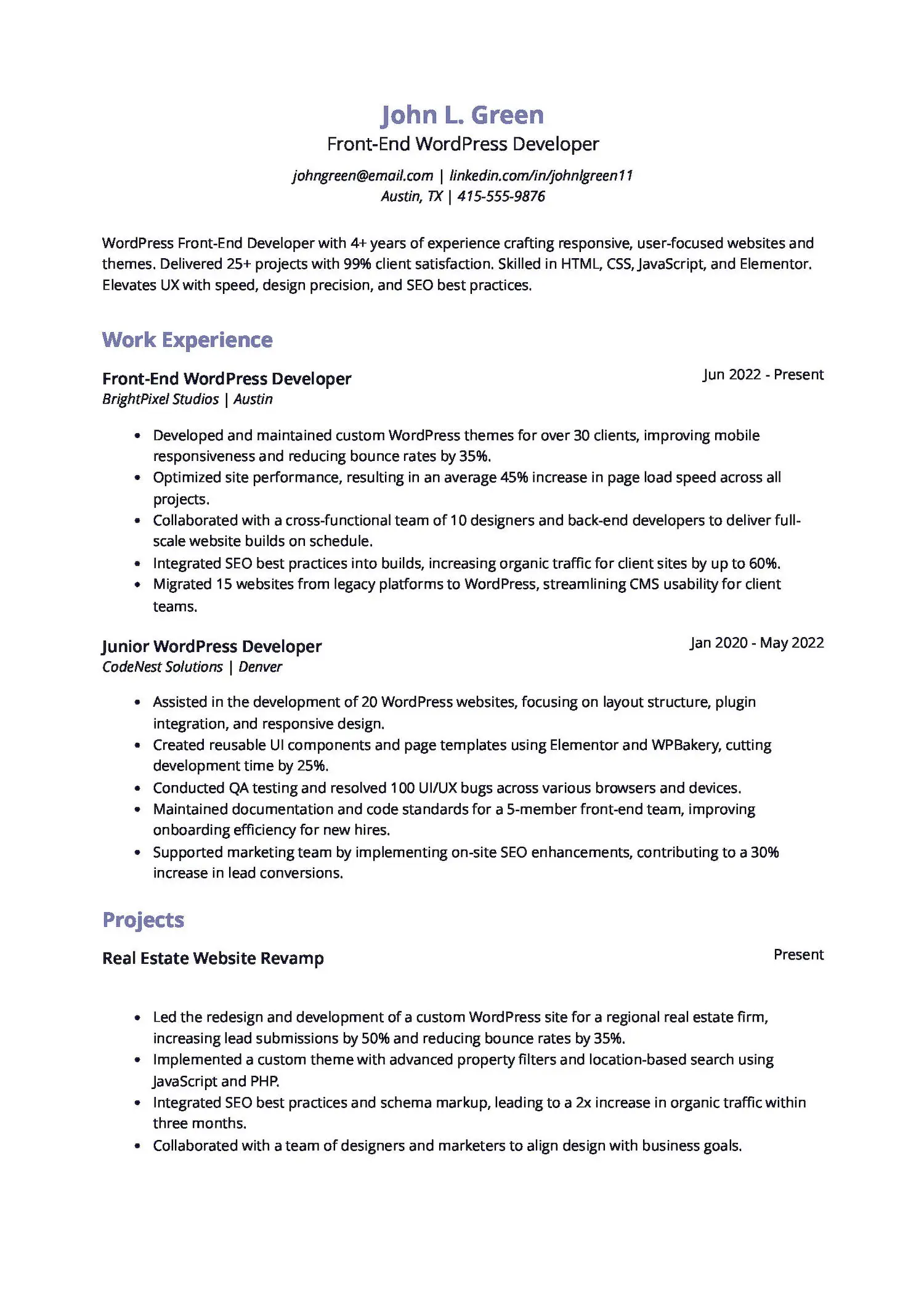 WordPress Front-End Developer Resume