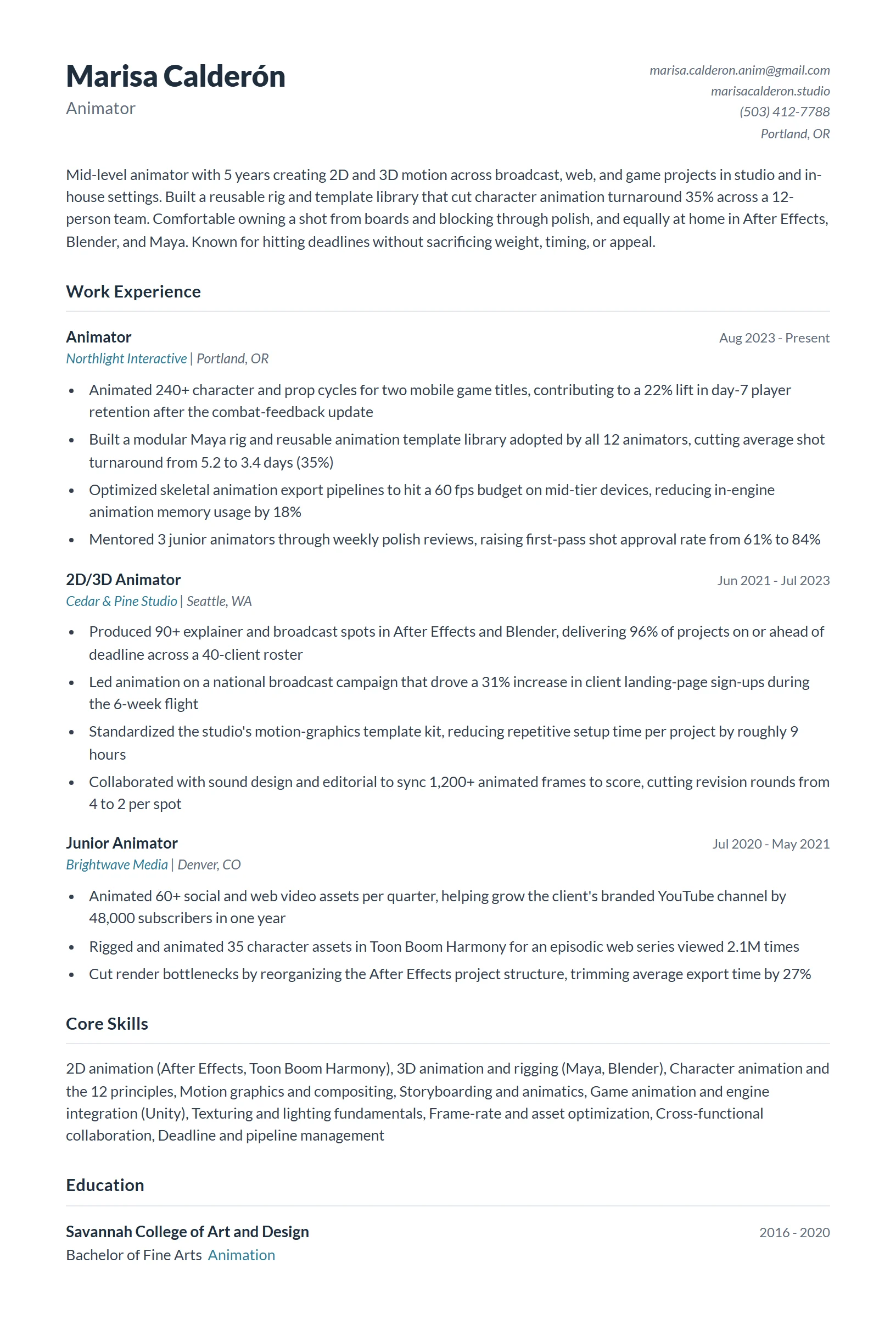 Animator Resume Example