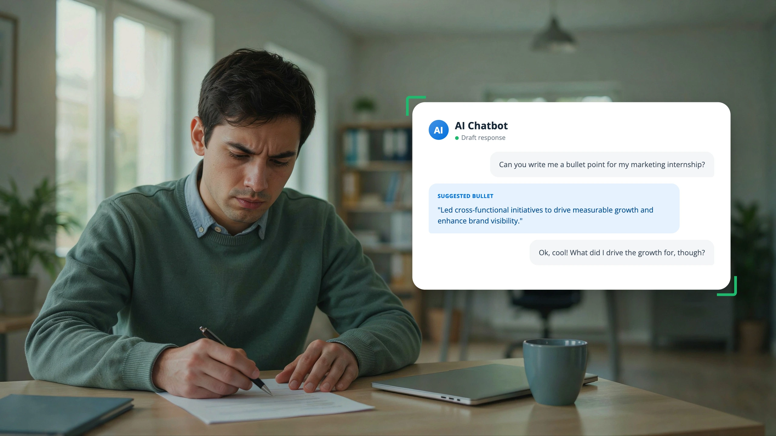 A student looking at a resume with confusion and frustration while an AI Chatbot gives them bad advic