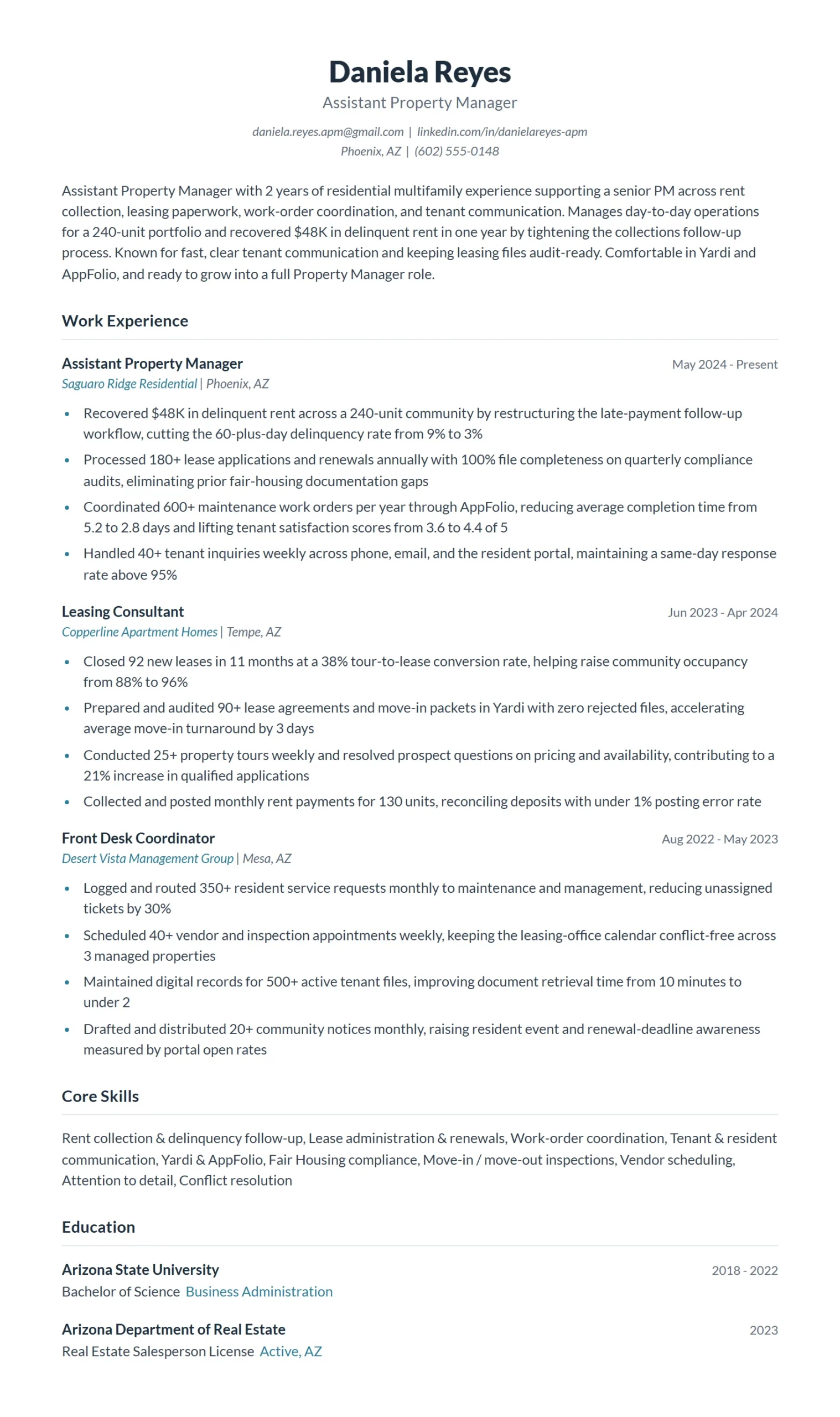Assistant Property Manager Resume Example
