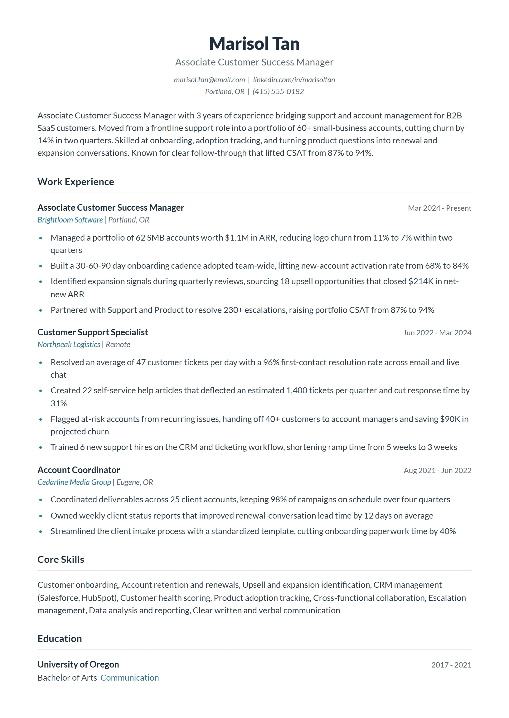 Associate Customer Success Manager Resume Example