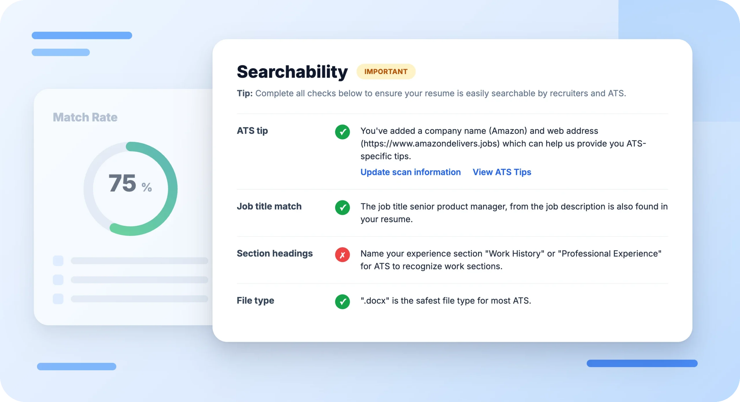 Jobscan Searchability report: the exact ATS identified from the job posting, with what that system can and can't read