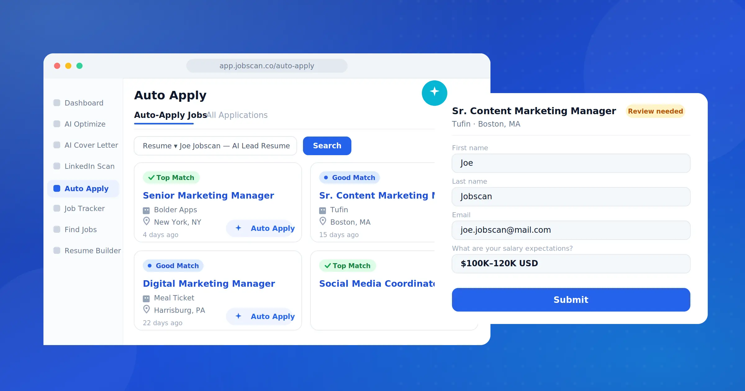 screenshot previews of auto apply from jobscan