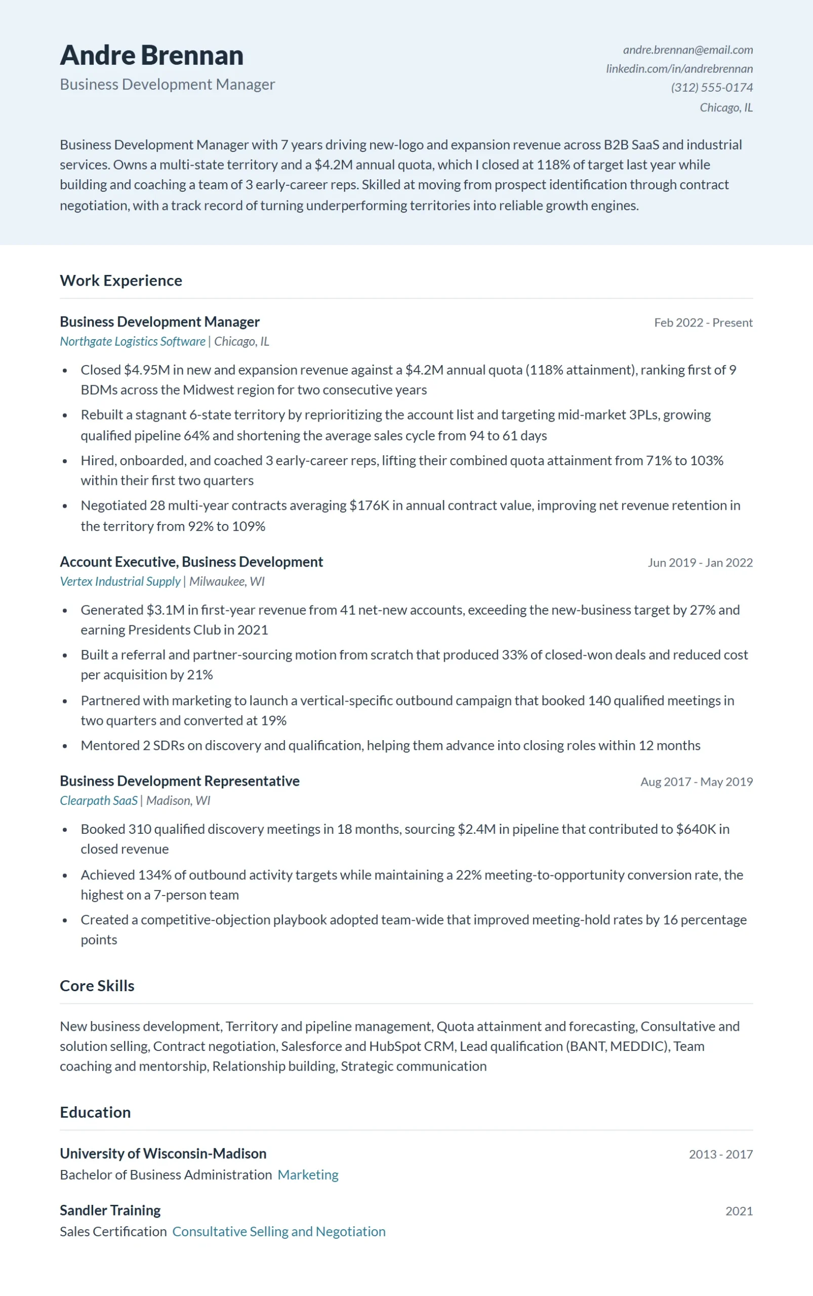 Business Development Manager Resume Example