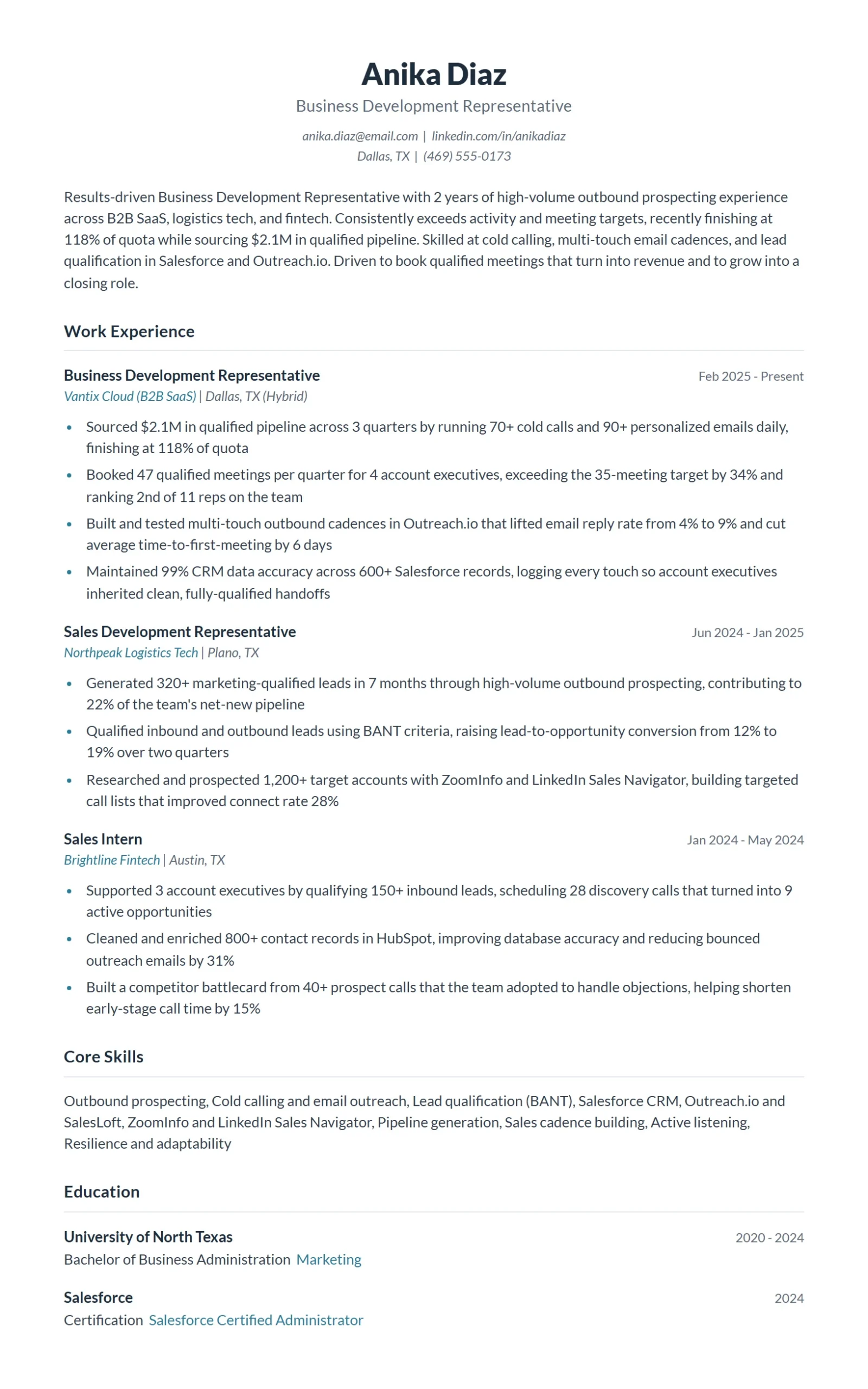 Business Development Representative Resume Example