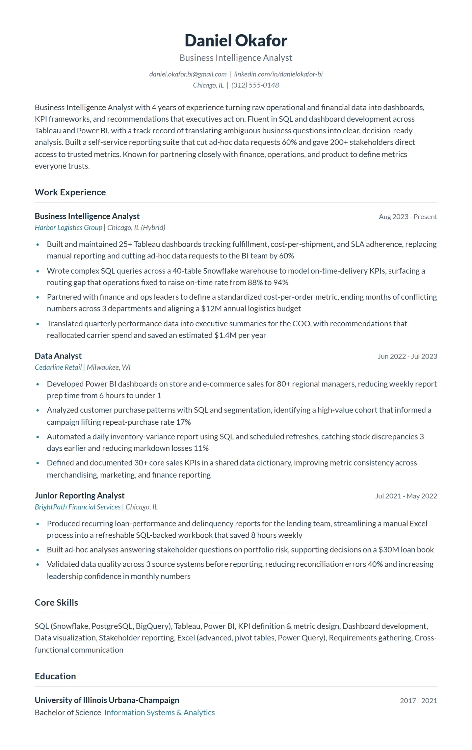 Business Intelligence Analyst Resume Example