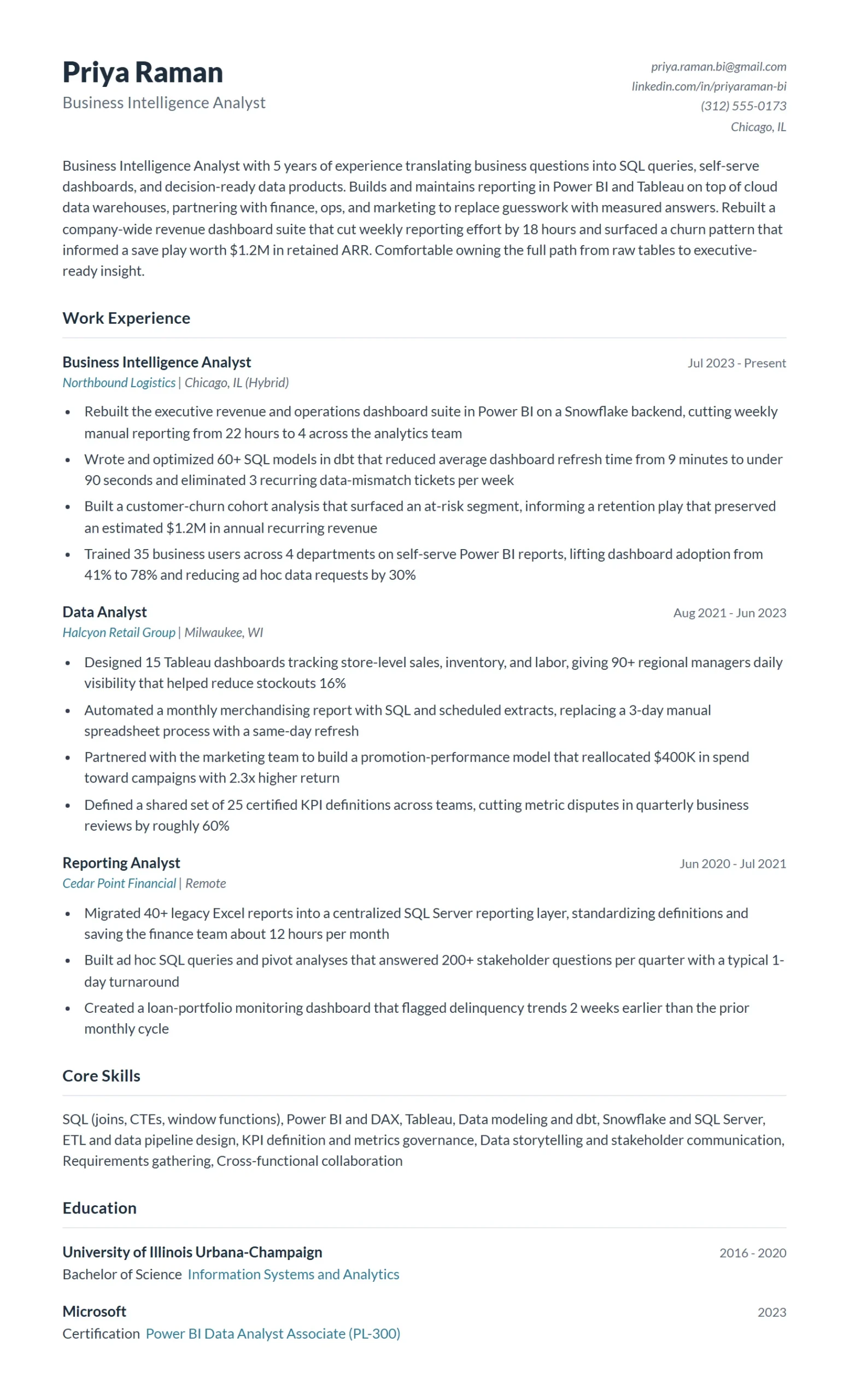 Business Intelligence Resume Example