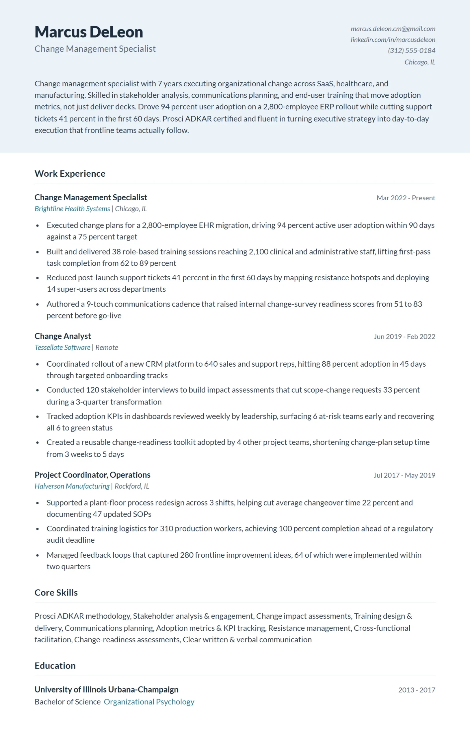 Change Management Specialist Resume Example