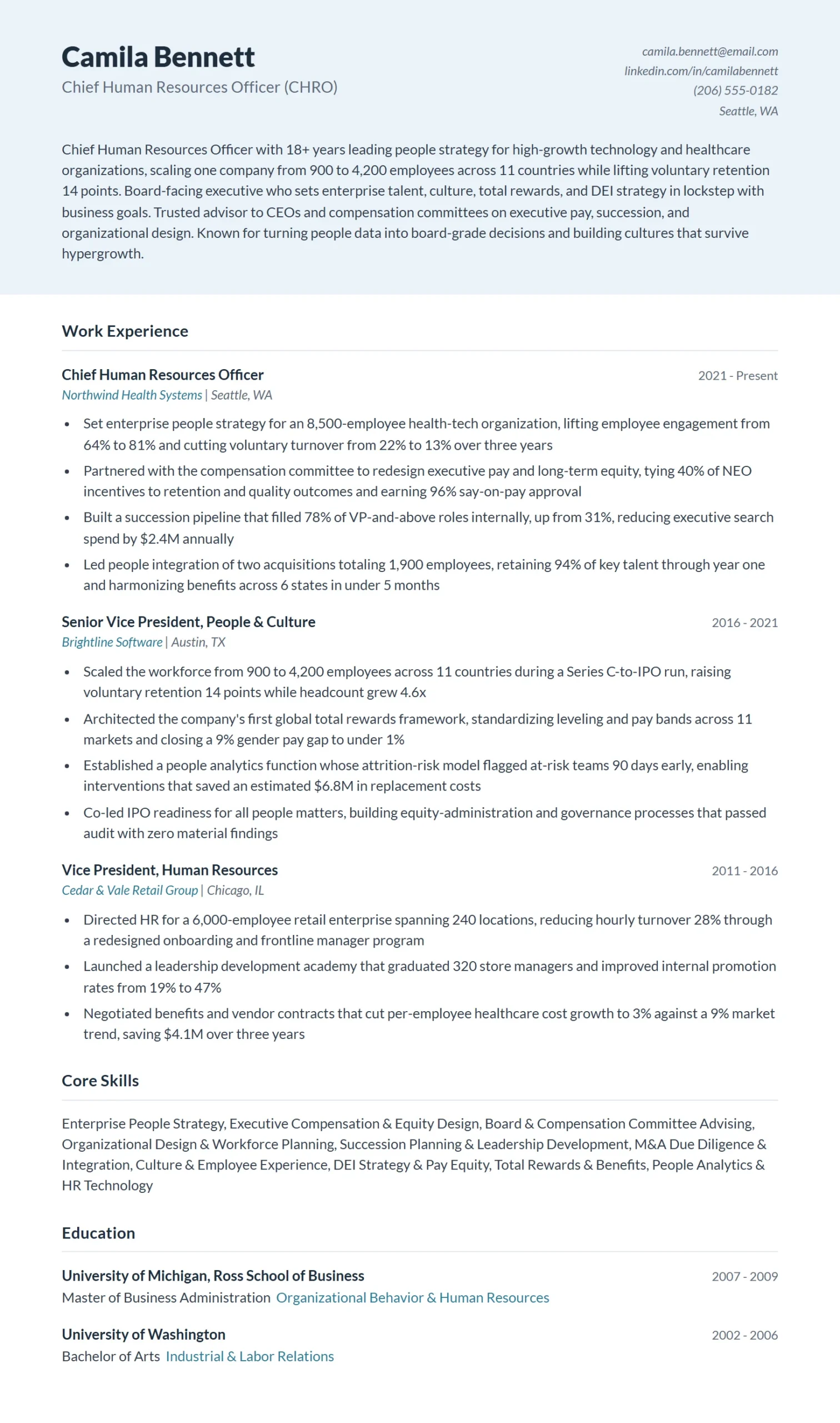 Chief Human Resources Officer (CHRO) Resume Example