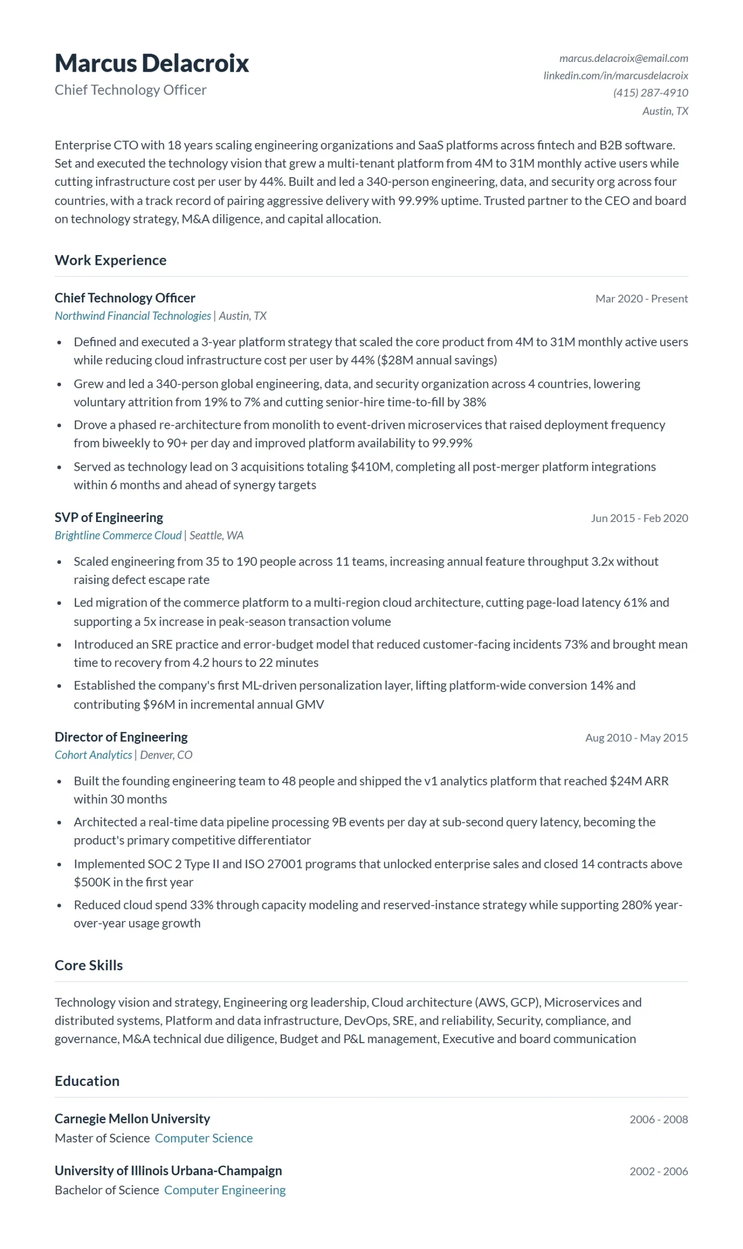 Chief Technology Officer Resume Example
