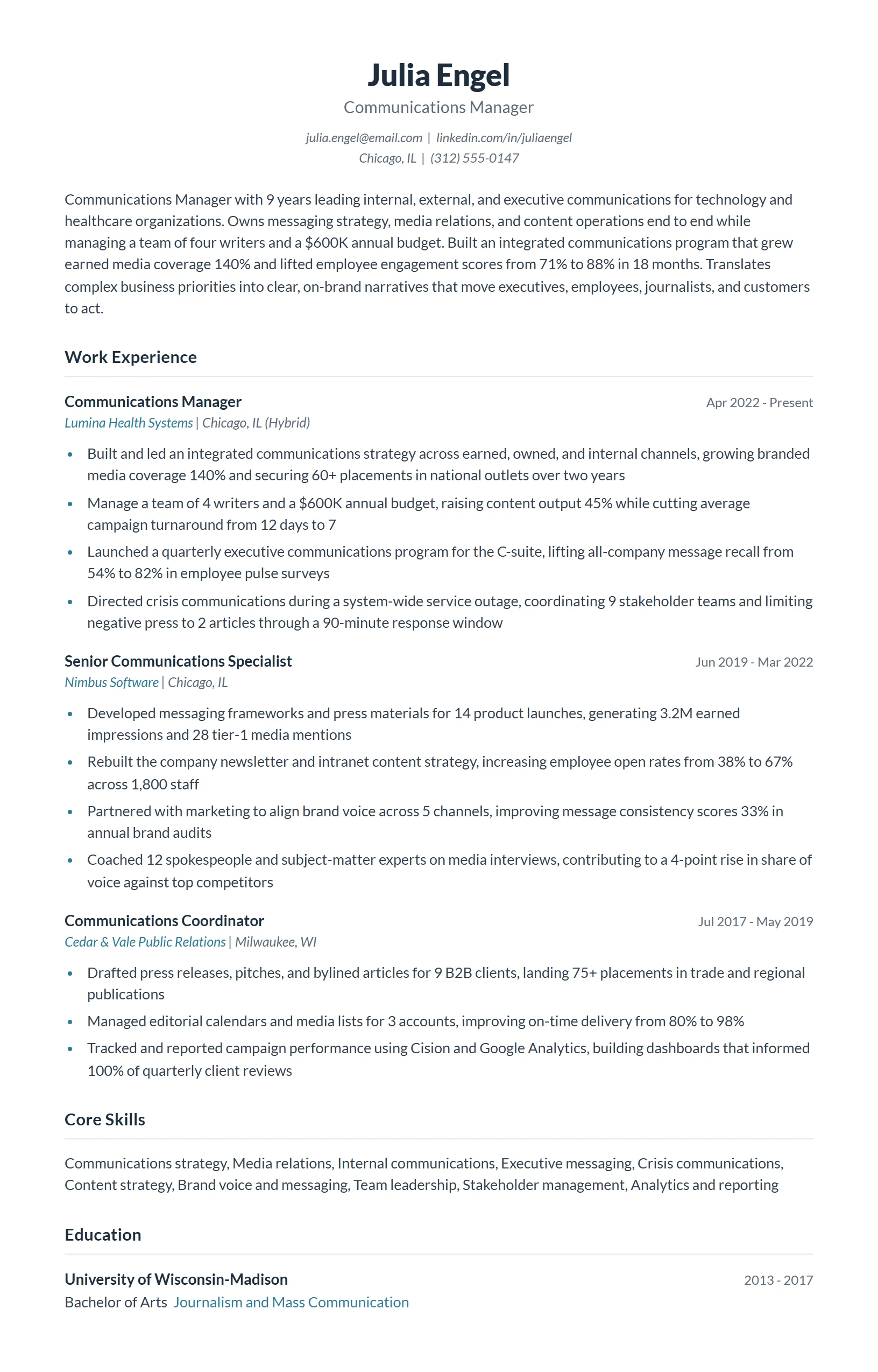 Communications Manager Resume Example