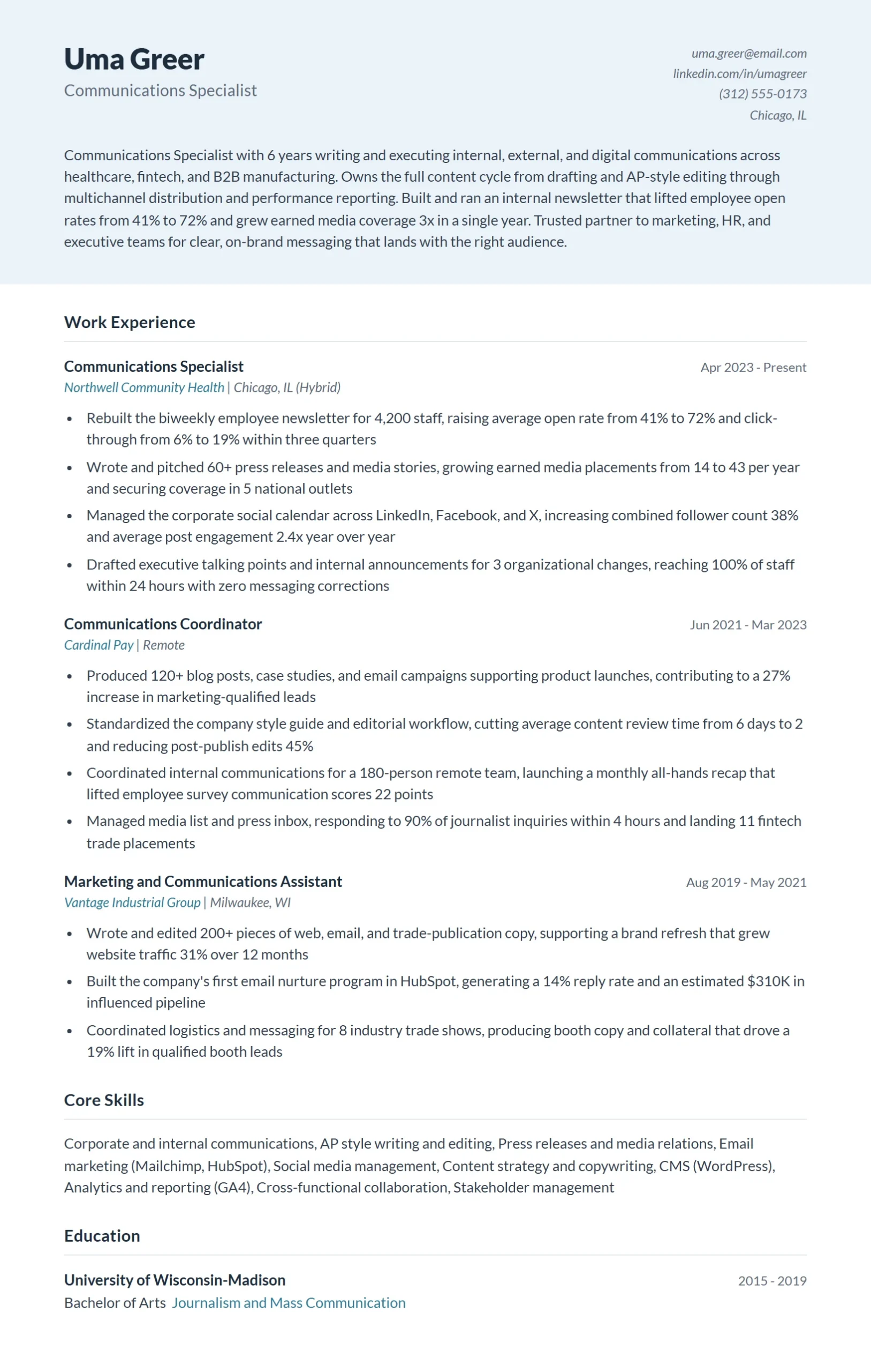 Communications Specialist Resume Example