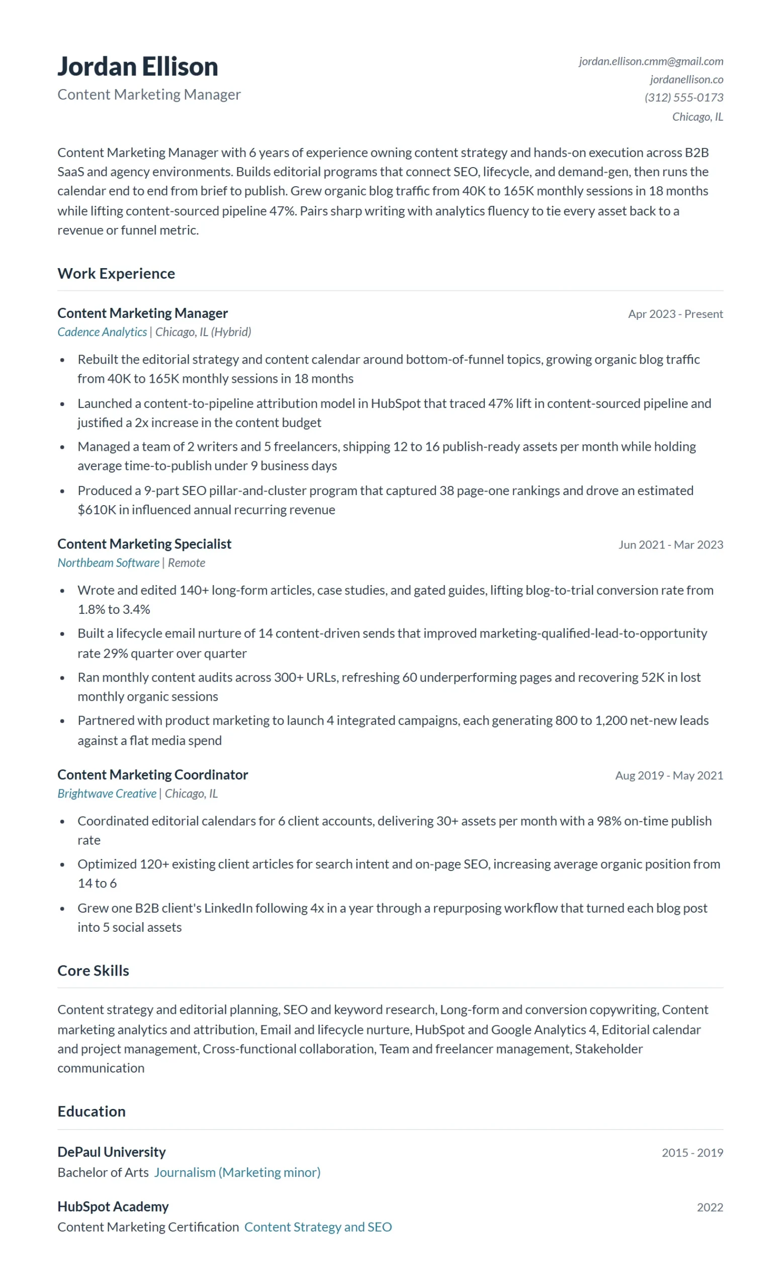 Content Marketing Manager Resume Example