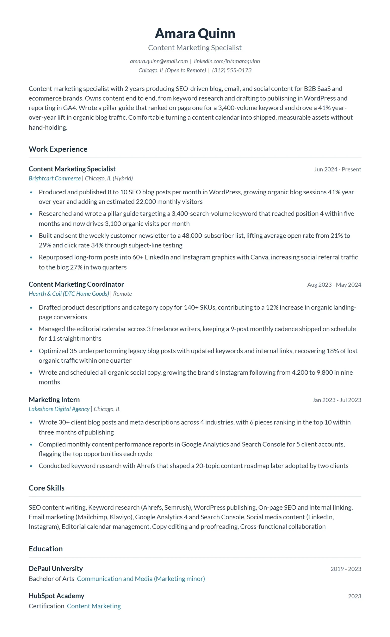 Content Marketing Specialist Resume Example