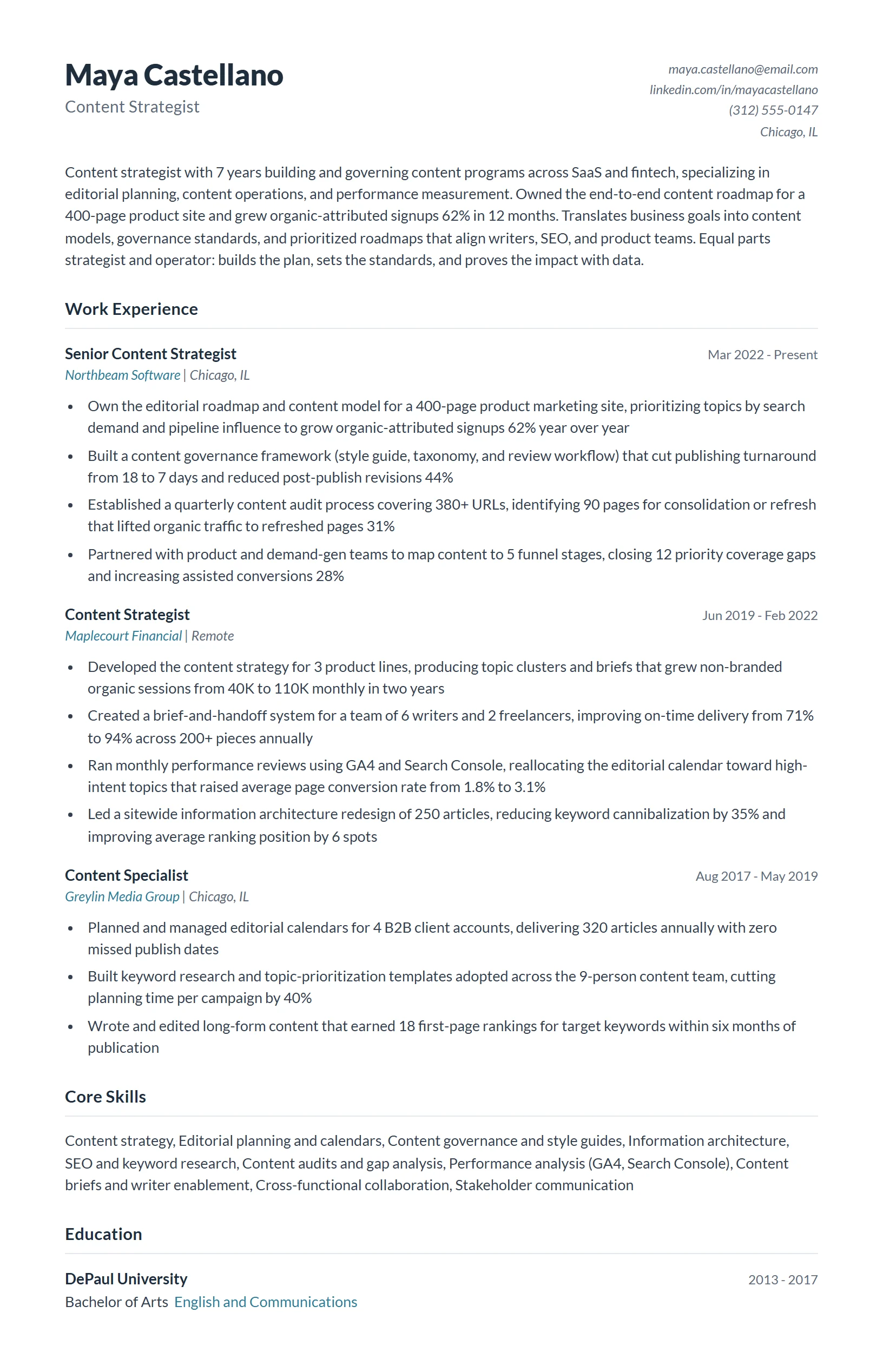 Content Strategist Resume Example