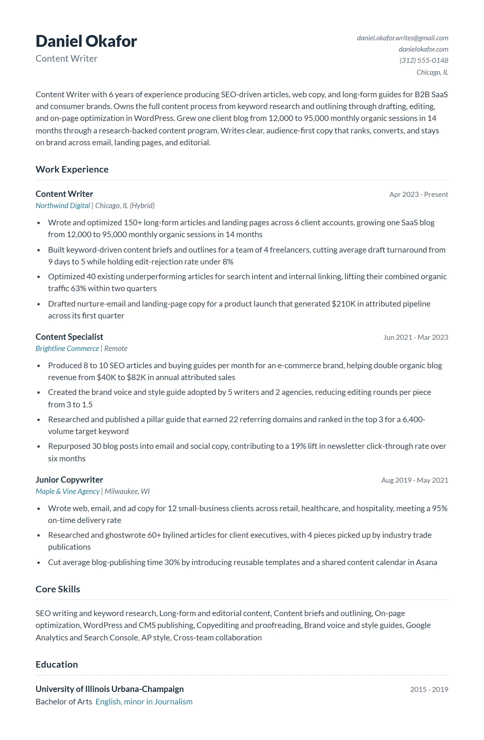 Content Writer Resume Example