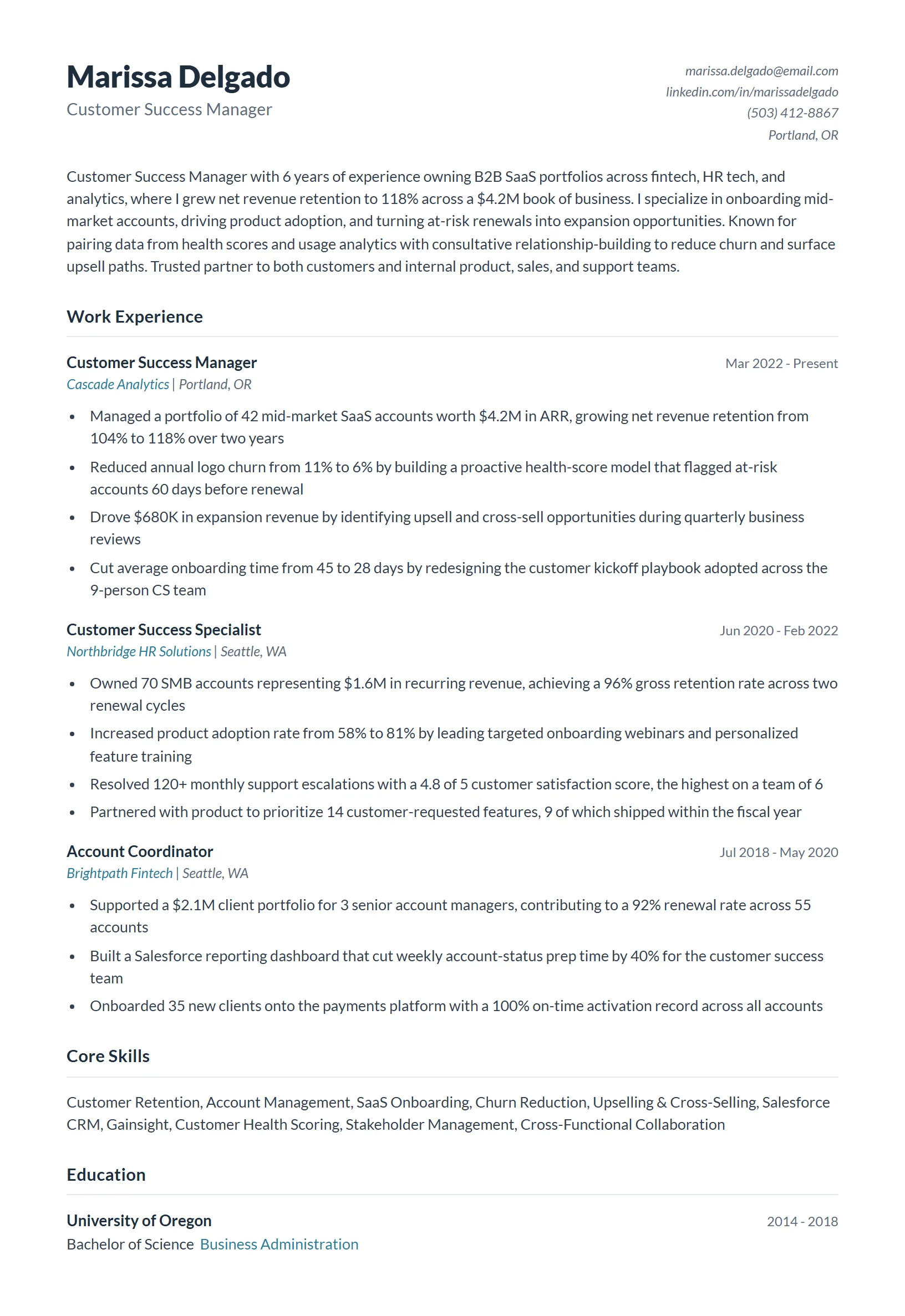 Customer Success Manager Resume Example