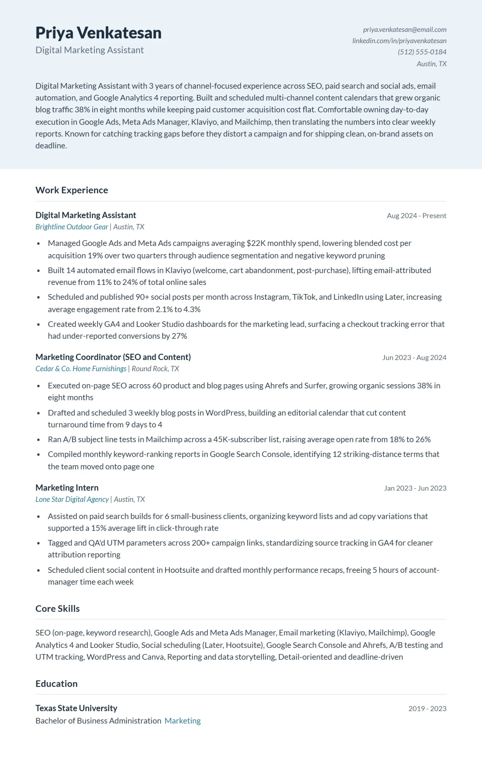 Digital Marketing Assistant Resume Example