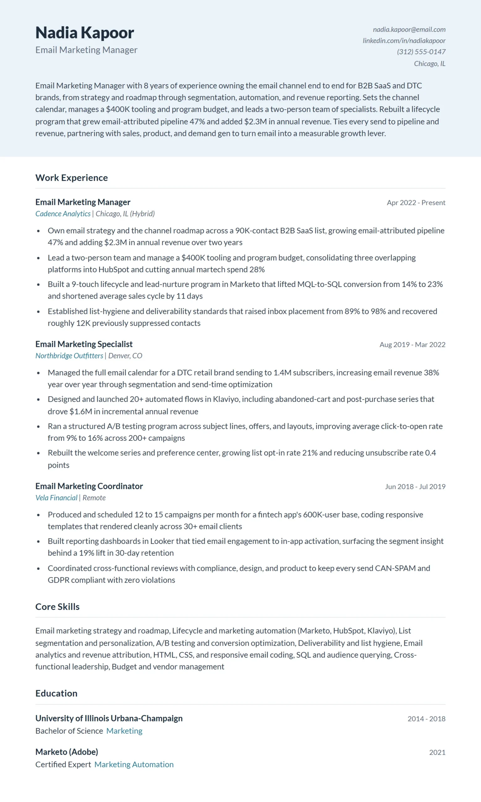 Email Marketing Manager Resume Example
