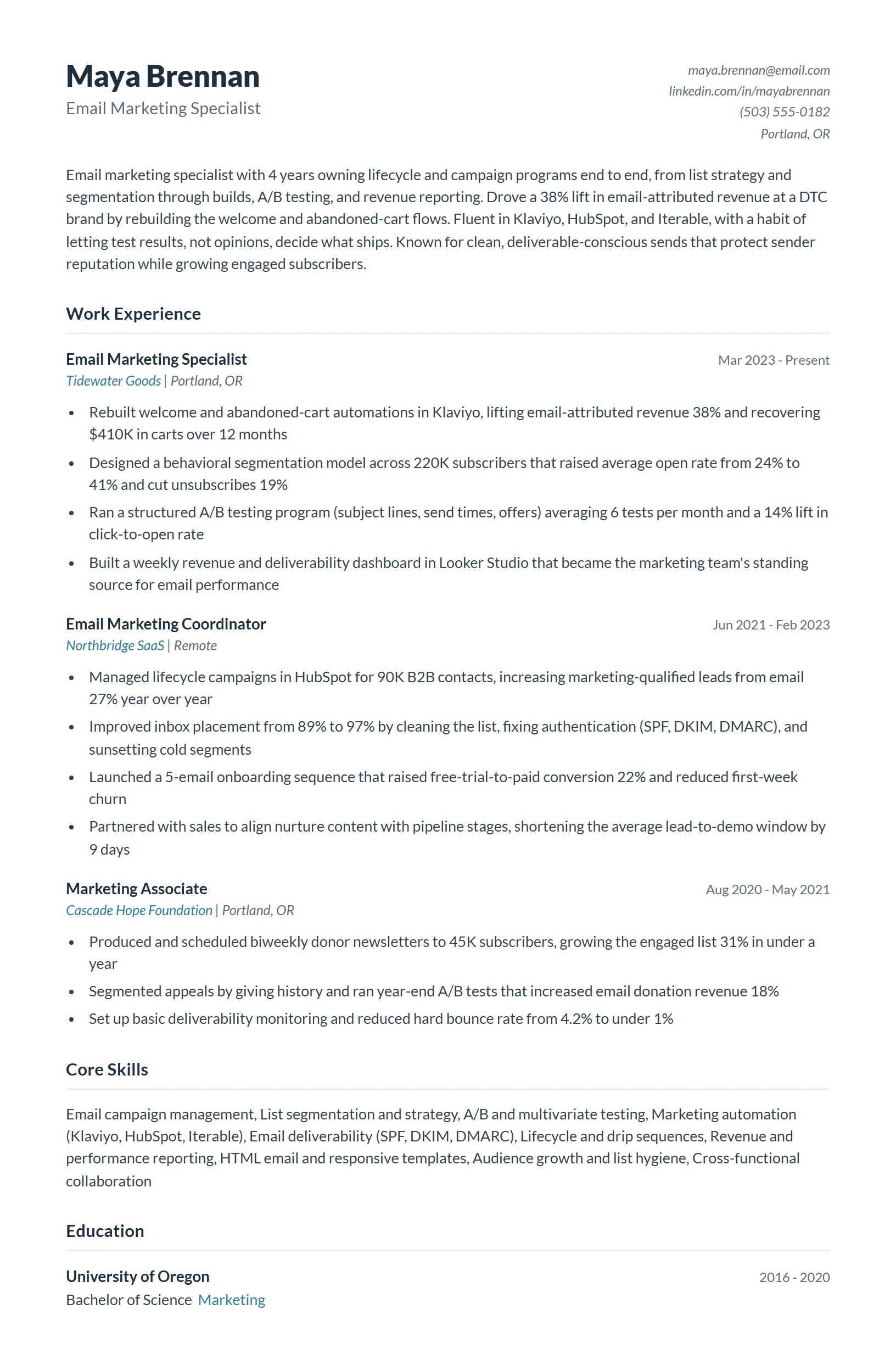 Email Marketing Resume Example